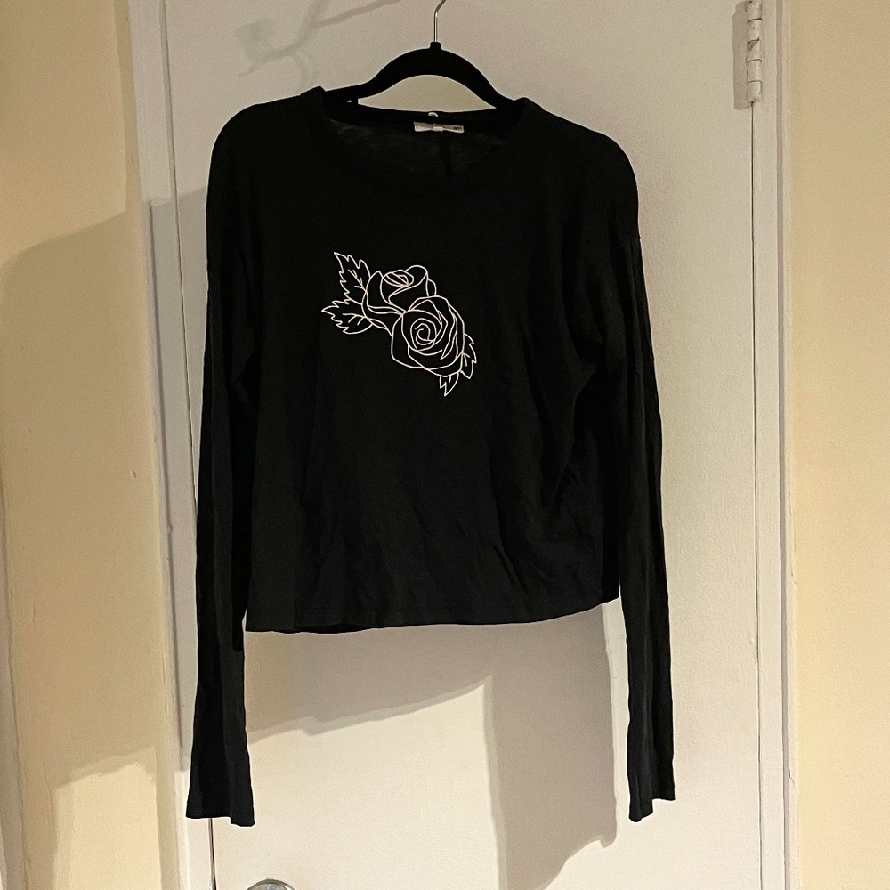rag & bone long sleeve black white rose graphic t-shirt blouse size XS